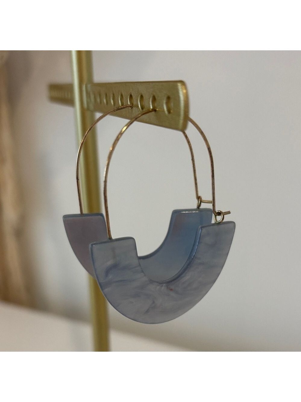Pair of semicircular blue acrylic hoop earrings gold tone wire drop earrings